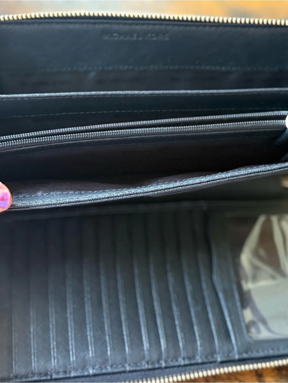 Michael Kors Black Saffiano Zip Wallet with Gold Logo